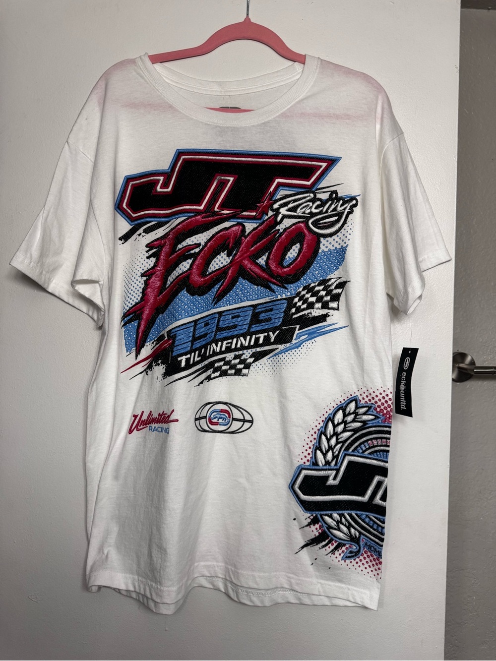 Ecko Unlimited White Short Sleeve Racing Graphic Tee with Red & Blue Accents